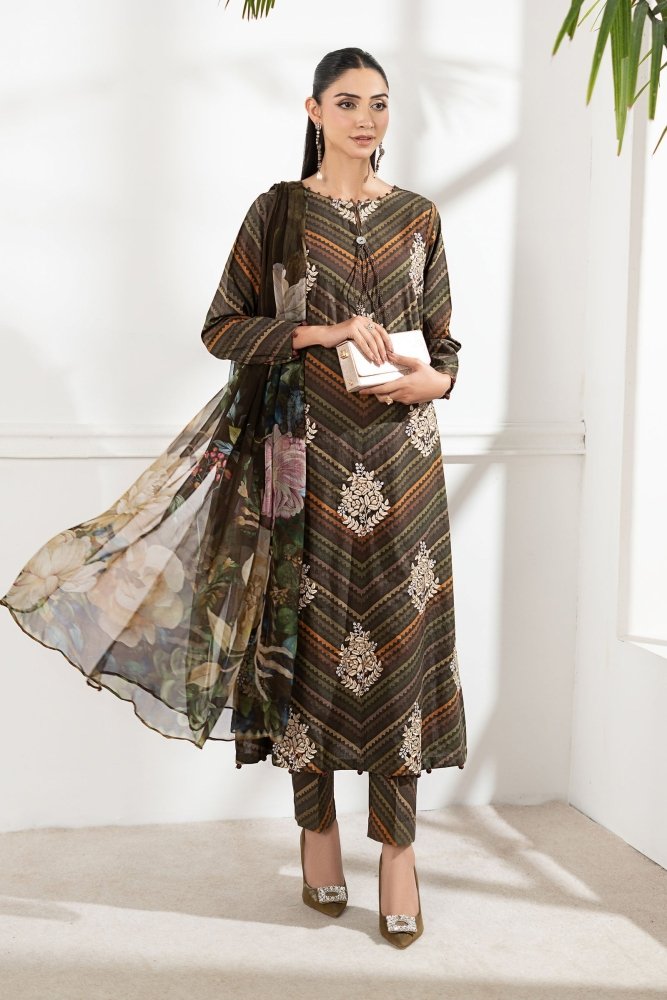 3PC DIGITAL PRINTED SILK SUIT WITH PATCHES - SR - 674 - Rangoli Store