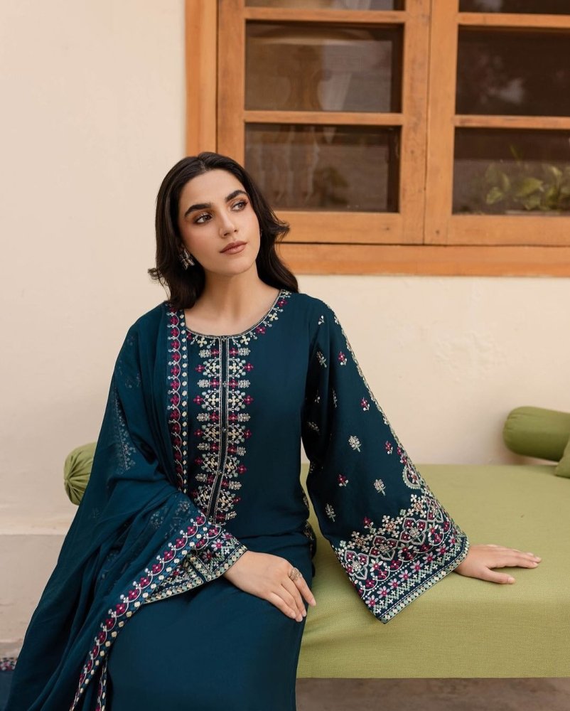 3PC EMBROIDERED DHANAK DRESS RO - 550 - Rangoli Store