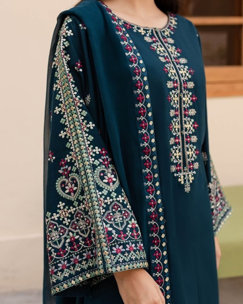 3PC EMBROIDERED DHANAK DRESS RO - 550 - Rangoli Store