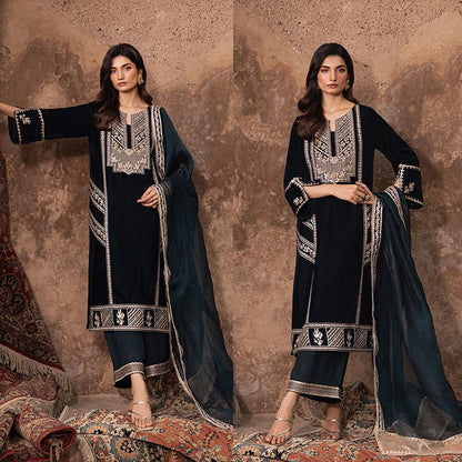 3PC EMBROIDERED MICRO 9000 VELVET DRESS - RO - 530 - Rangoli Store