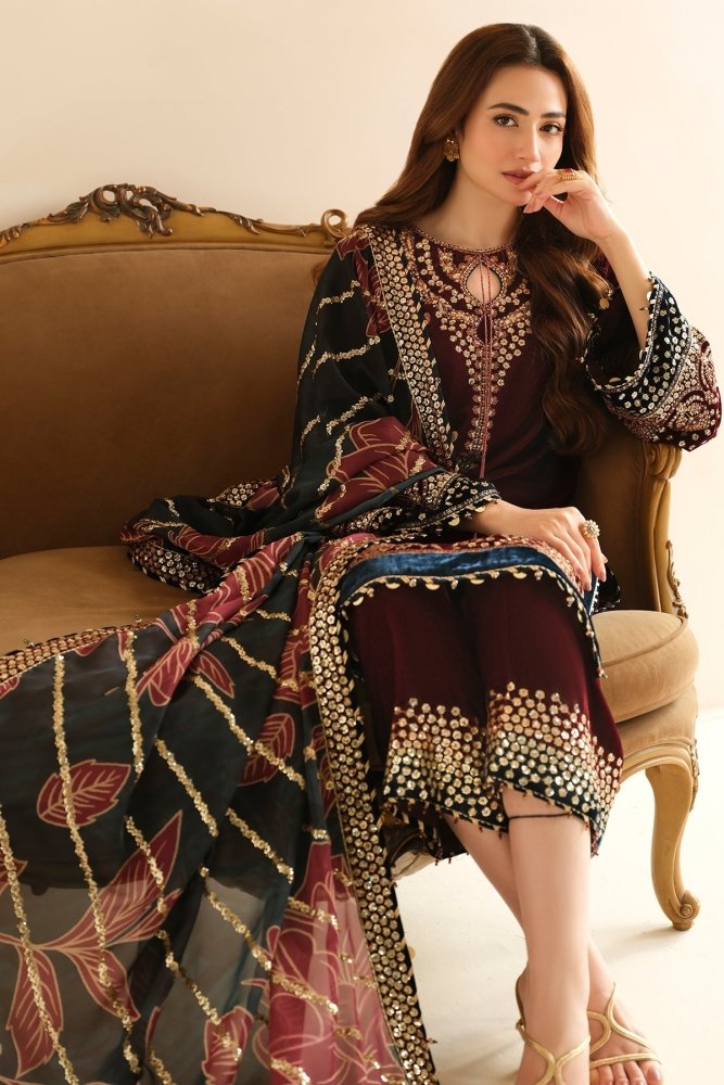 3PC EMBROIDERED MICRO 9000 VELVET DRESS - RO - 533 - Rangoli Store