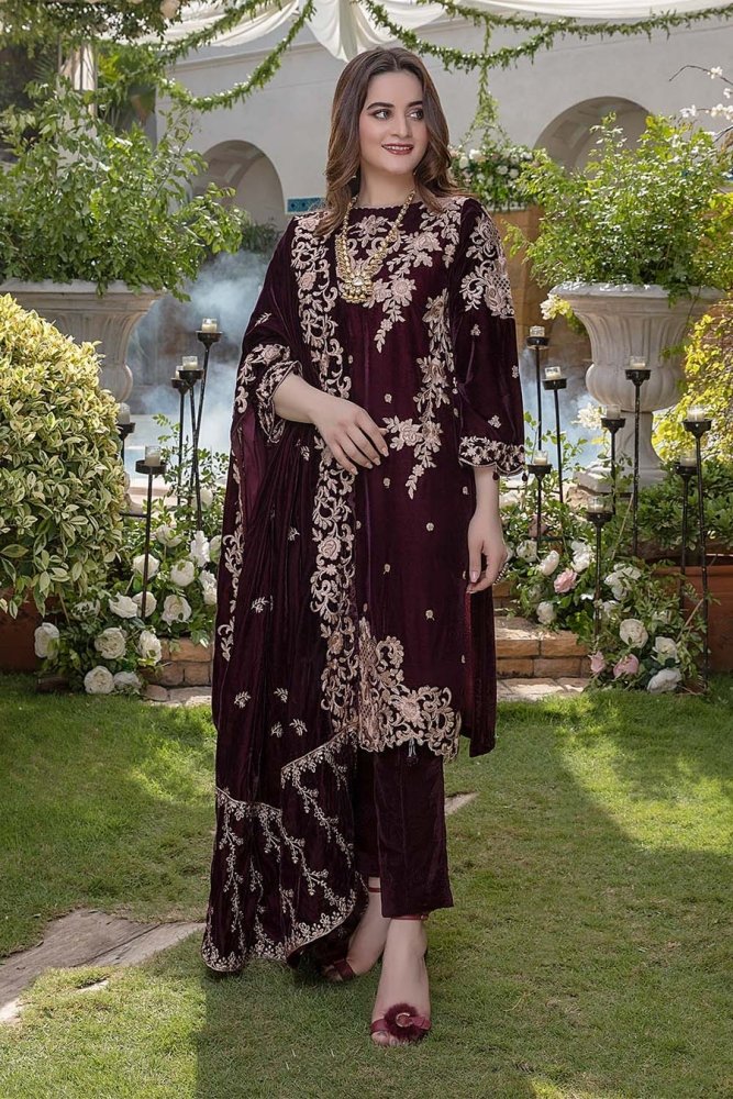 3PC EMBROIDERED MICRO 9000 VELVET DRESS - RO - 534 - Rangoli Store