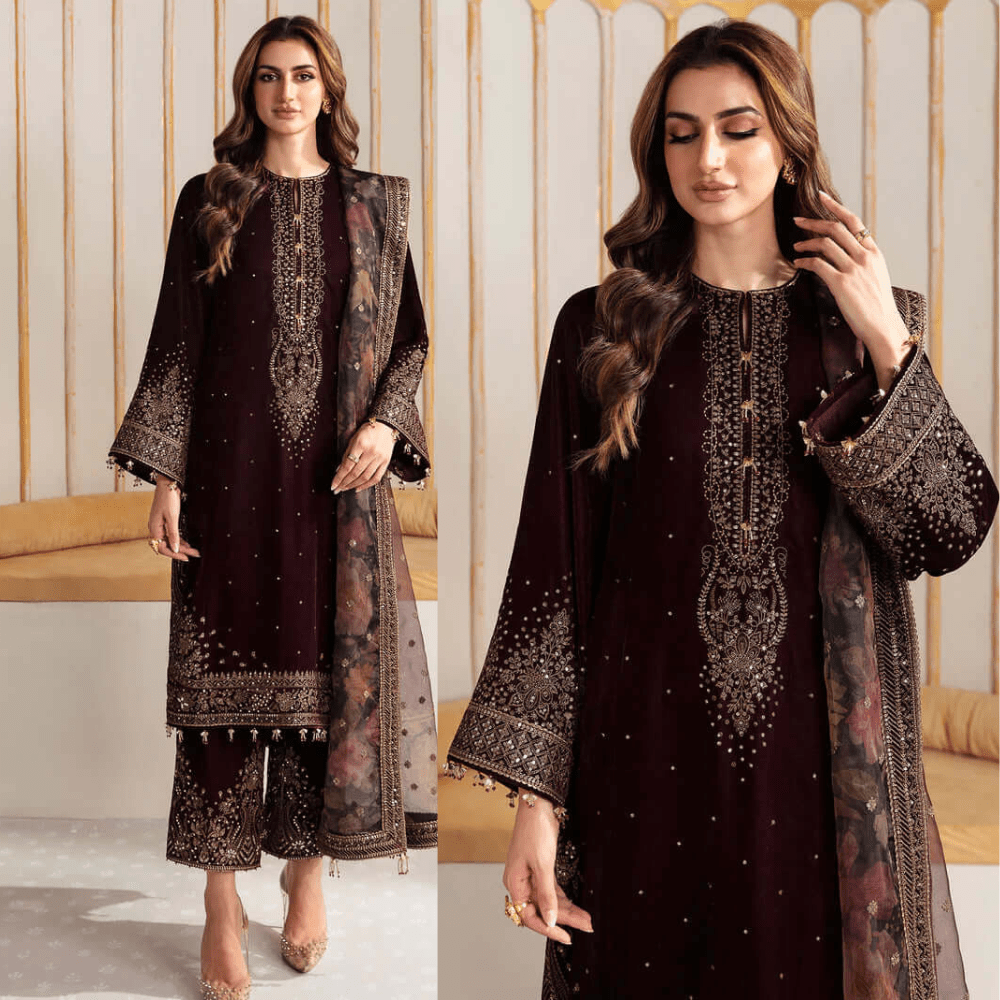 3PC EMBROIDERED MICRO 9000 VELVET DRESS - RO - 540 - Rangoli Store