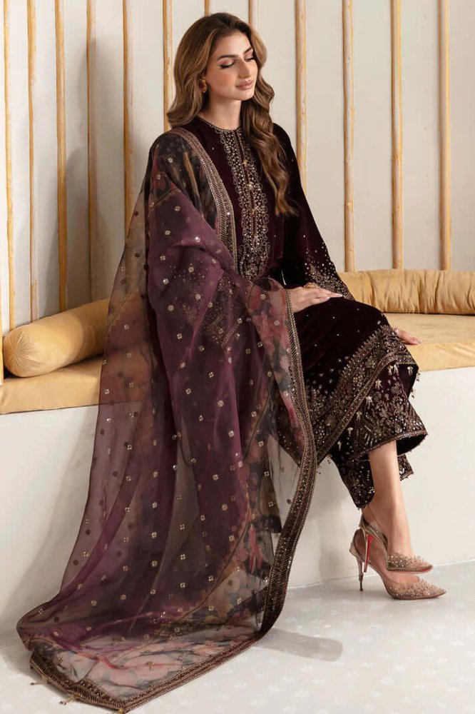 3PC EMBROIDERED MICRO 9000 VELVET DRESS - RO - 540 - Rangoli Store