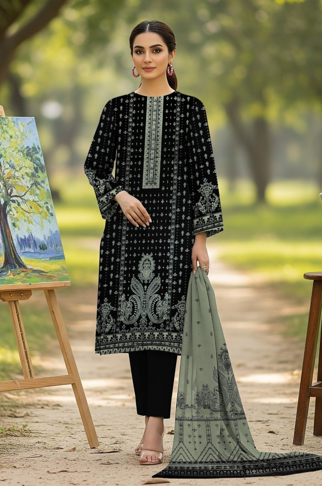 3PC PRINTED LAWN SUIT SR-139