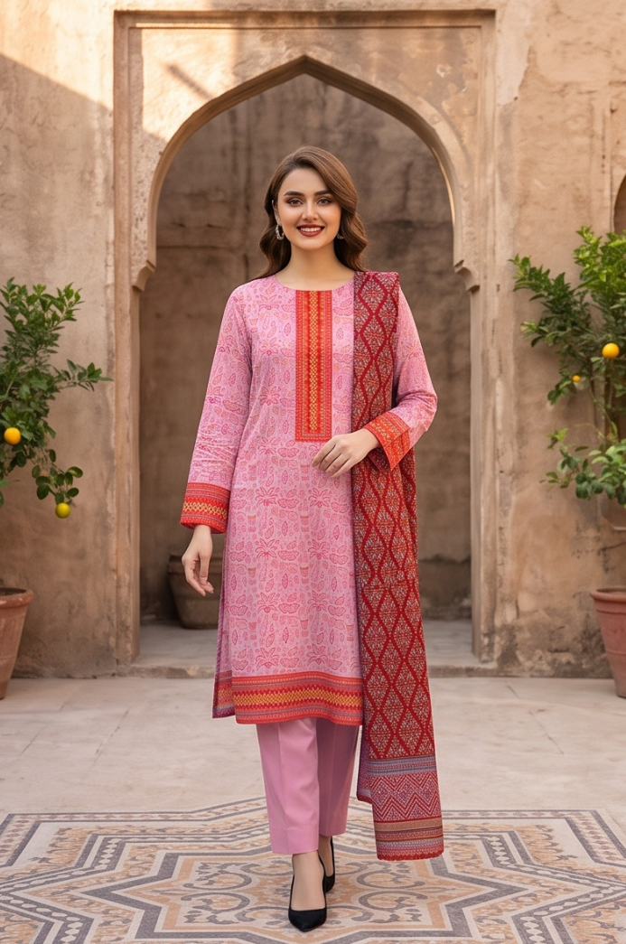 3PC PRINTED LAWN SUIT SR-108