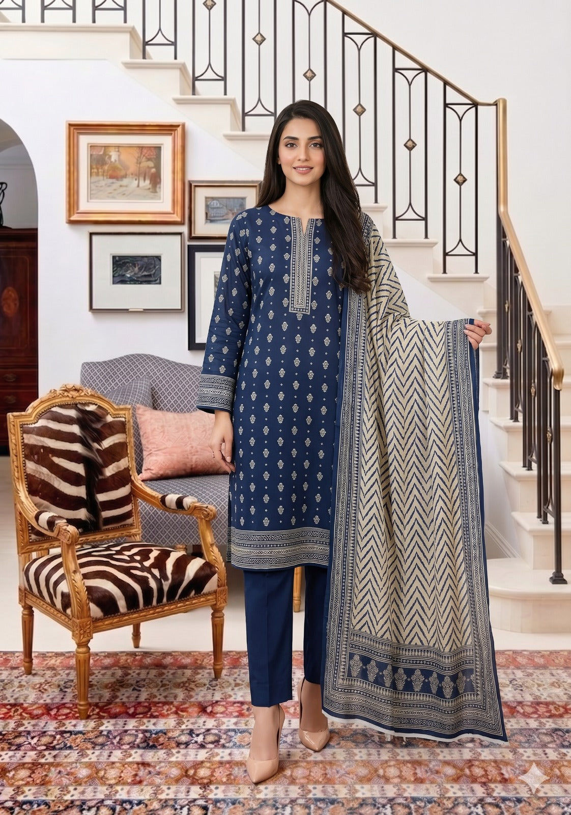 3PC PRINTED LAWN SUIT SR-115