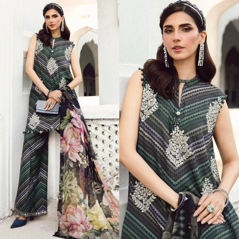 3PC DIGITAL PRINTED SILK SUIT WITH PATCHES - SR-675